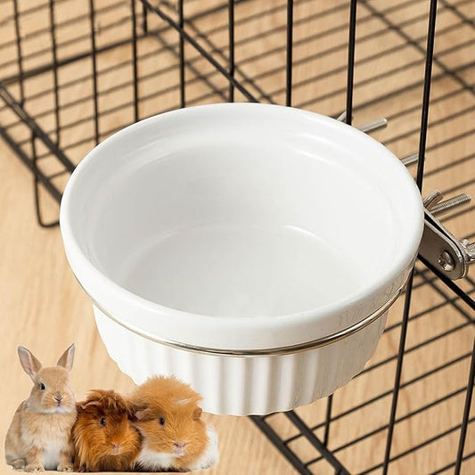 Rabbit Hanging Ceramic Bowl, Removable Cage Feeder Thick Ceramic Bowl with Stainless Steel Support Ring Pet Water Food Bowl for Small Animal Chinchilla Ferret Small Dog & Cat (4.92 * 1.97”)