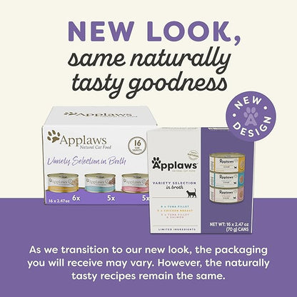Applaws Natural Wet Canned Cat Food, Limited and Natural Ingredients, High Protein with No Artificial Additives, Variety Pack in Broth (16 x 2.47oz Cans)