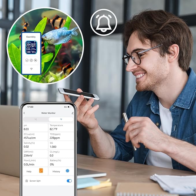 Smart Aquarium Water Monitor, Salinity pH ORP TDS EC Temp Multi-Parameter Tester for Freshwater Saltwater Fish Tanks Real-Time Alerts Upgraded Version