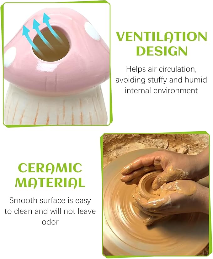 BNOSDM Ceramic Hamster Hideout Cute Mushroom Shape Hamster House and Habitat Cool Hamsters Hide Suitable for Syrian, Mice, Dwarf Hamsters, Gerbils (Pink)