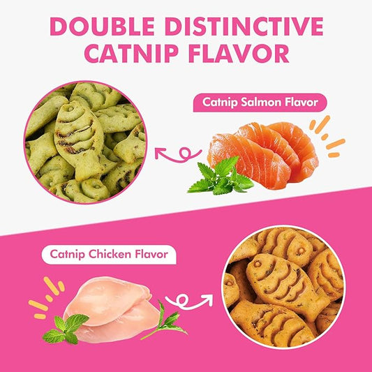 Catnip Cat Treats, Chicken and Salmon Flavor Cat Snacks, Training Biscuits Treats for Cats, Crunchy Fish Shape Adult Cat Biscuits, 8 oz