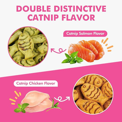 Catnip Cat Treats, Chicken and Salmon Flavor Cat Snacks, Training Biscuits Treats for Cats, Crunchy Fish Shape Adult Cat Biscuits, 16 oz