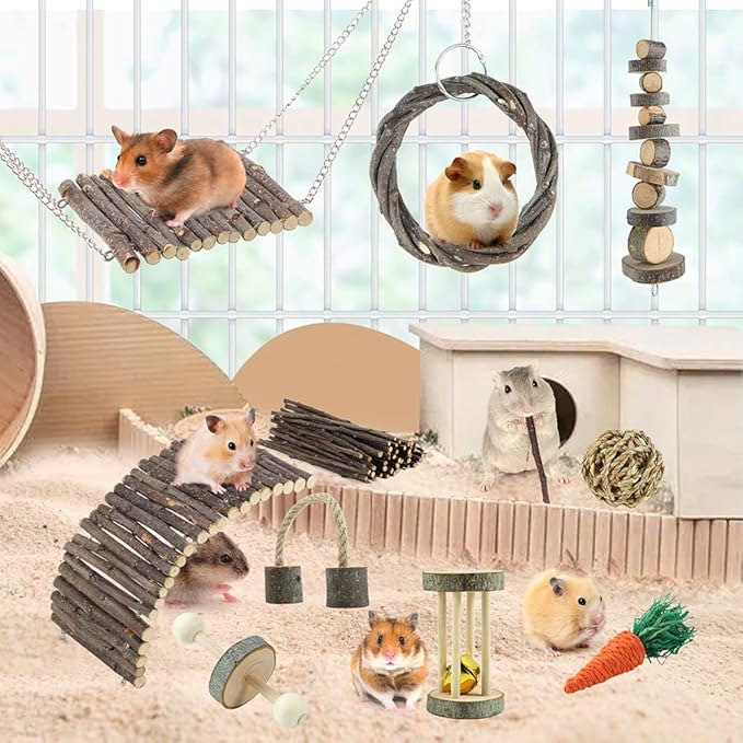 Hamster Toys Rat Toys Chinchilla Toys Hamster Chew Toys Cage Accessories Apple Wood Sticks Ladder Bell Roller for Gerbil Guinea Pigs and Other Small Animal