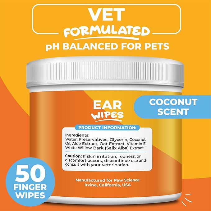 Dog Ear Cleaner Wipes – Finger Wipes for Dogs & Cats – Cleaning, Soothing, & Deodorizing Itchy Ears – Pet Ear Relief Solution (Coconut)