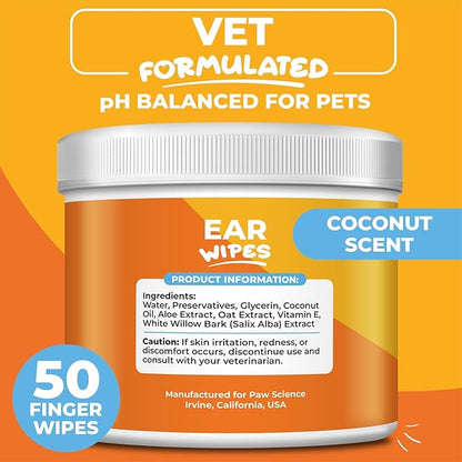 Dog Ear Cleaner Wipes – Finger Wipes for Dogs & Cats – Cleaning, Soothing, & Deodorizing Itchy Ears – Pet Ear Relief Solution (Coconut)