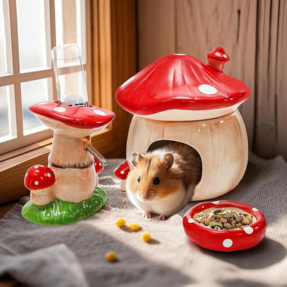 Hacaroa 3 Pack Ceramic Hamster Hideout, Mushroom Shape Guinea Pig Food Bowl Cute Water Bottle with Stand, Cool Hamster Bed House Small Animal Cage Accessories for Dwarf Hamsters, Mice, Gerbils