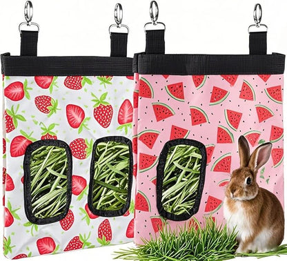 DZWLKJ Guinea Pig Hay Feeder, 2 Pack, 11 x 9 x 1 Inches, Rabbit Hay Feeder Bag, Stainless Steel, 600D Oxford, Watermelon and Strawberry