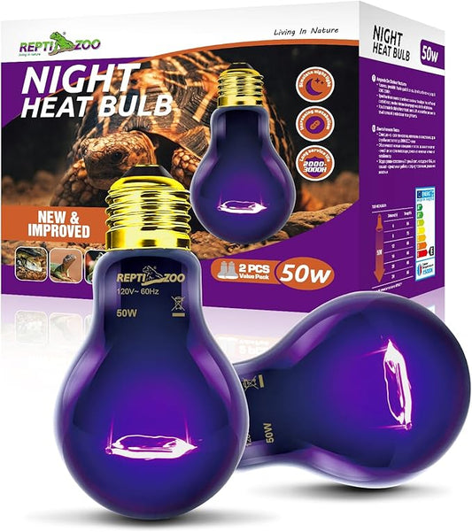 REPTI ZOO 2PCS Reptile Night Heat Lamp, 50W Moonlight Heat Bulb Infrared Heating Light Purple Reptile Heat Lamp Night Bulb for Bearded Dragon, Lizard, Snake, Turtle