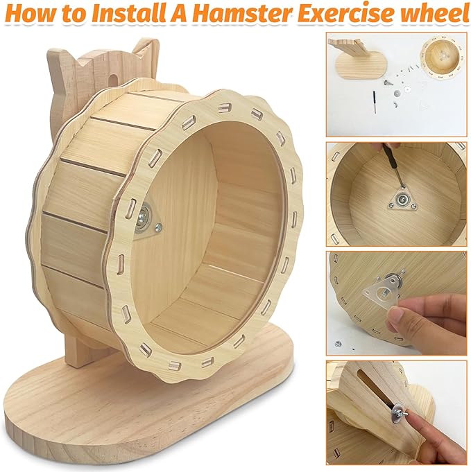 kathson Wooden Hamster Exercise Wheel 6.3 in Silent Spinning Running Wheels with Stand for Hamsters, Gerbils, Mice and Other Small Pets