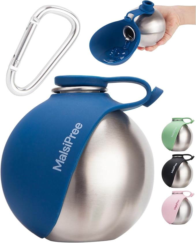 Malsipree 2-in-1 Portable Dog Water Bottle & Bowl for Small Dogs - Leak Proof & Insulating - Travel Water Dispenser - Stainless Steel Bottle & Silicone Bowl - Walking & Hiking (10 fl oz, Navy)