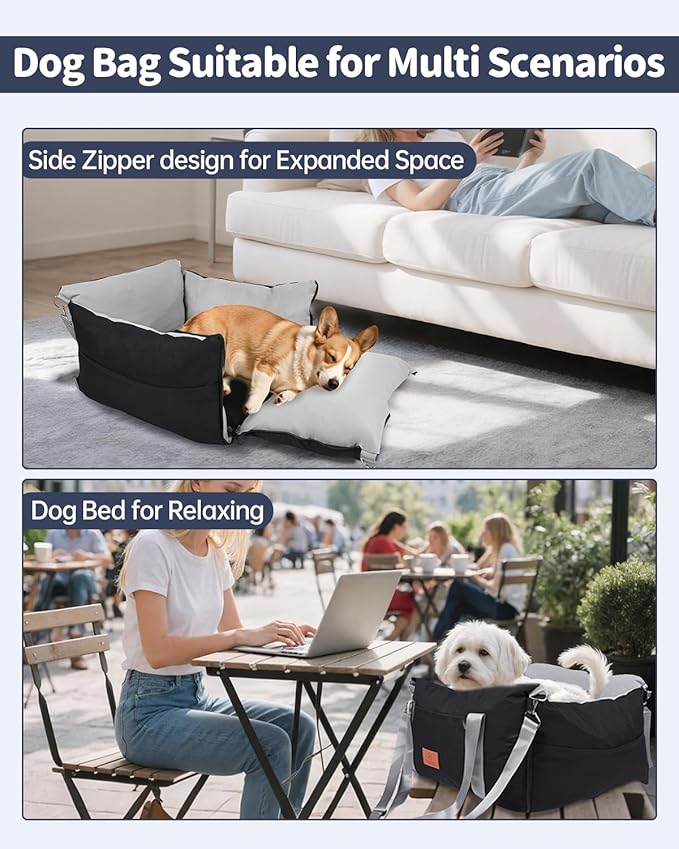 Medium Dog Car Seat for Medium Sized Dogs, Car Seat for Small Dogs with Side Zipper, Waterproof Dog Travel Booster in car with Storage Pockets Up to 25lbs, Memory Foam Filling for Max Support, Black