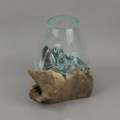 Handcrafted Melted Glass and Teak Driftwood Centerpiece Bowl/Sculpture- Unique 7-Inch Earthy Artistry for Succulents, Terrariums, and Decorative Displays