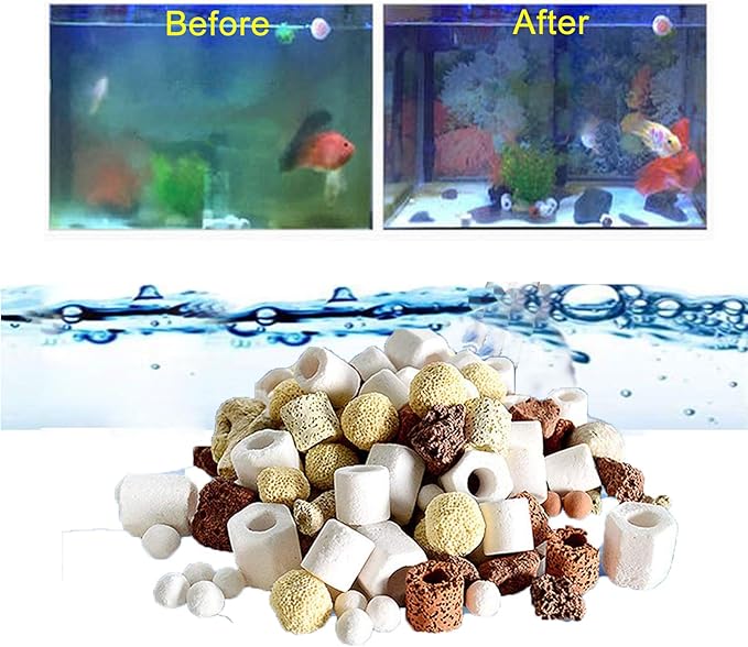 17OZ Aquarium Filter Mixed Ceramic Small Balls Media, Fish Tank Water Filtration Pond Filter Ceramic Rings Brown Volcanic Rock for Water Quality Improve, PH Adjust
