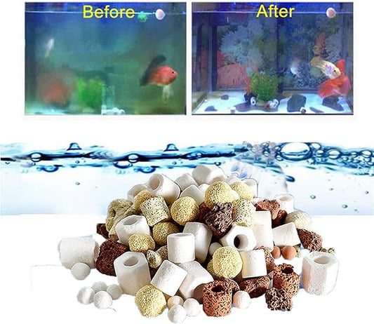 17OZ Aquarium Filter Mixed Ceramic Small Balls Media, Fish Tank Water Filtration Pond Filter Ceramic Rings Brown Volcanic Rock for Water Quality Improve, PH Adjust