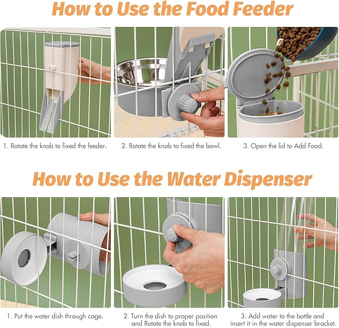 Yummy Sam Hanging Cage Automatic Small Pet Food Bowl Water Bottle Dispenser, Kennel 500ML Waterer and Auto Gravity Pet Feeder Set with Separate Food Bowl Crate Feeder Dish for Puppy Cats Rabbit (Grey)