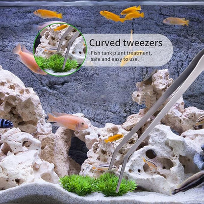 Extra Long Handle Aquarium Tweezers Serving Tongs Feed clamp,2 Pack Stainless Steel Straight and Curved Tweezers Set for Fish Tank Plants Reptile Feeding Tongs（15 Inchs）