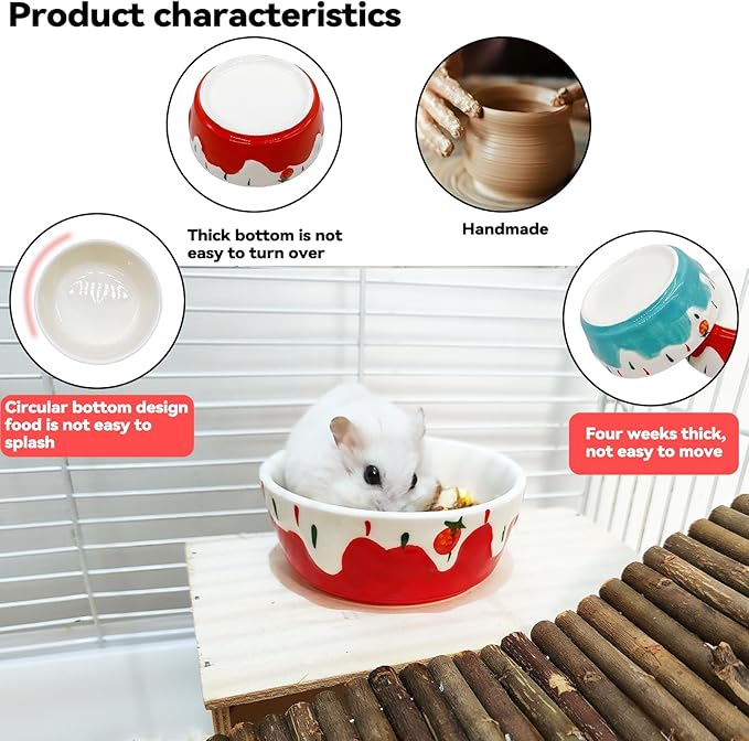 2 Pack Hamster Food Bowl Small Animals Ceramic Food Water Bowl Rat Bowls Prevent Tipping Moving for Gerbil Chinchilla Hedgehog (Color: Red + Blue)