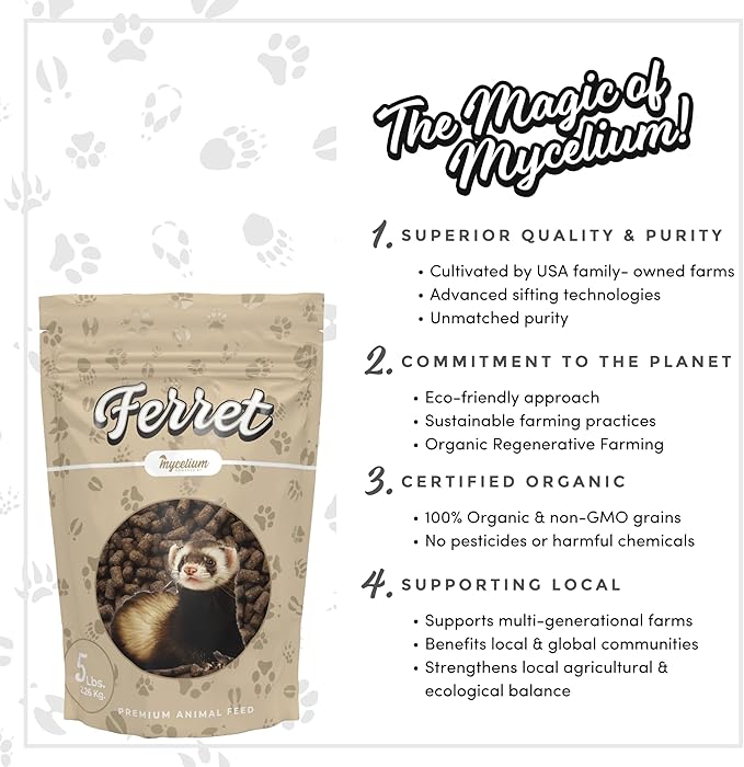 Mycelium Premium Ferret Feed – Organic, Non-GMO, High Nutritional Value Food for Ferrets, Sourced from Local USA Farms, Sustainable Farming, 5 lbs