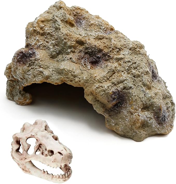 Reptile Rock Reptile Cave Hideout for Snakes/Geckos/Lizards/Turtles and Other Amphibians, with Dinosaur Skull (Small)