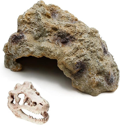 Reptile Rock Reptile Cave Hideout for Snakes/Geckos/Lizards/Turtles and Other Amphibians, with Dinosaur Skull (Small)