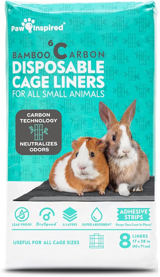 Paw Inspired Disposable Guinea Pig Cage Liners | Bamboo Charcoal Odor Controlling | Super Absorbent Liners Pee Pads for Ferrets, Rabbits, Hamsters, and Small Animals (28" x 17" (C&C 2 x 1), 8 Count)