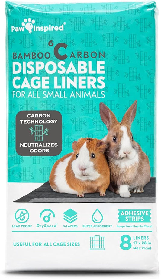 Paw Inspired Disposable Guinea Pig Cage Liners | Bamboo Charcoal Odor Controlling | Super Absorbent Liners Pee Pads for Ferrets, Rabbits, Hamsters, and Small Animals (28" x 17" (C&C 2 x 1), 8 Count)