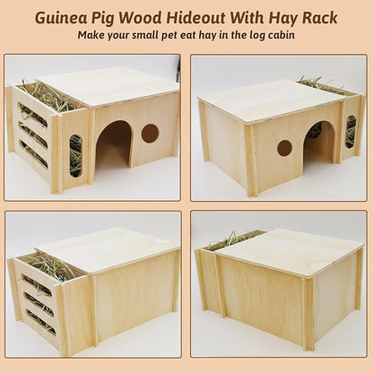 Fhiny Guinea Pig Wood House with Hay Feeder, Detachable Chinchilla Hut Hideout Small Animal Hideout Hideaway Natural Hamster Habitat Decor for Guinea Pig Chinchilla Dwarf Rabbit Hamster