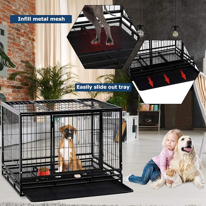 Dog Crate Cage for Large Dogs Heavy Duty 48 Inches Dog Kennel Pet Playpen for Training Indoor Outdoor with Plastic Tray Double Doors & Locks Design