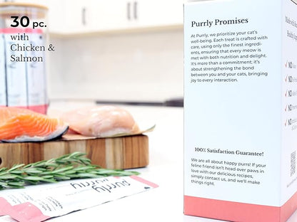 Purrly Hydrating Wet Cat Treat Snack Topper Creamy Purée Human-Grade Chicken Breast & Salmon with Omega-3 & 6 for Skin & Coat (30 Count) Healthy Lickable Squeeze Soft Snack