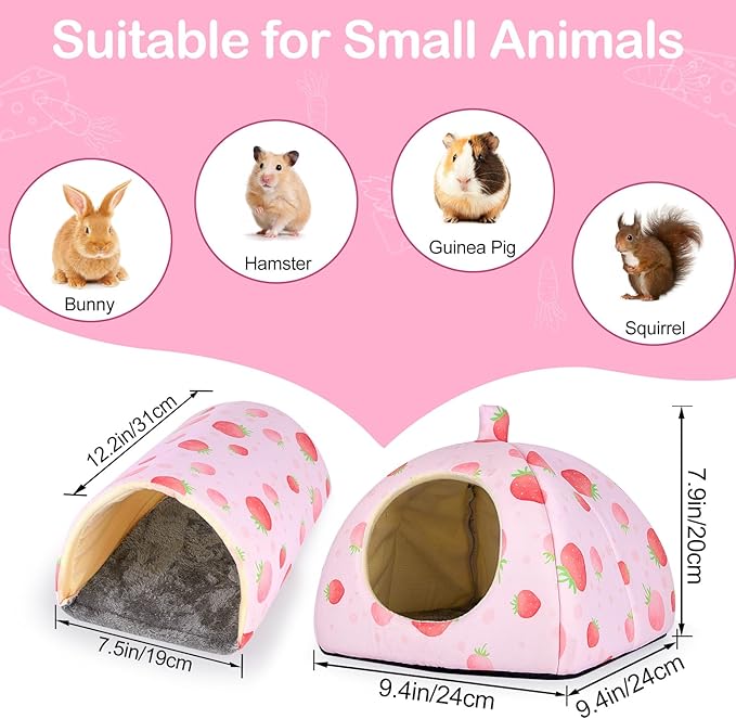 Bienbee Guinea Pig Hideout, Washable Rabbit Bed with Guinea Pig Tunnel, 2 Pack Guinea Pigs Toys Set Bunny Hideout Cage Accessories for Hamster Ferret Rabbits Bunny,Pink Strawberry