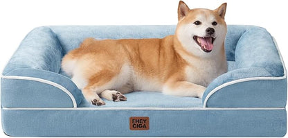 EHEYCIGA Orthopedic Dog Beds for Large Dogs, Waterproof Memory Foam Large Dog Bed with Sides, Non-Slip Bottom and Egg-Crate Foam Pet Couch Bed with Washable Removable Cover, Washed Blue