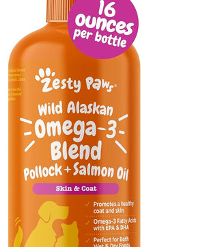 Zesty Paws Wild Alaskan Omega-3 Blend Pollock + Salmon Oil for Dogs and Cats- Skin and Coat Support, Omega 3 Supplement for Pets, 16oz