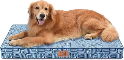 Outdoor Extra Large Dog Bed, Waterproof Dog Bed for Large Size Dogs, Egg Crate Foam XL Pet Bed with Removable Washable Oxford Cooling Cover, White Blue