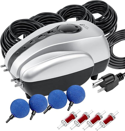 AquaMiracle All-in-One Koi Pond Aerator for Outdoor Ponds up to 2000 Gallons, Pond Air Pump Pond Aeration System with 4-Outlet Airline Tubing Air Stones Check Valves