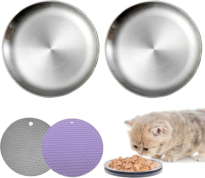Stainless Steel Cat Dish Shallow Bowls Whisker Fatigue Cat Metal Plate with Non-Slip Pads for Wet Food Puppies Cats Kittens (2 PCS, 5.31 inch)