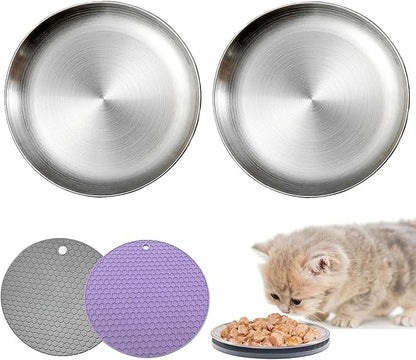 Stainless Steel Cat Dish Shallow Bowls Whisker Fatigue Cat Metal Plate with Non-Slip Pads for Wet Food Puppies Cats Kittens (2 PCS, 5.31 inch)