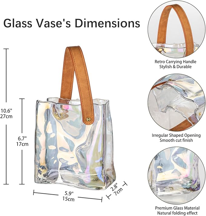 Glass Purse Vase for Flowers Iridescent Vases for Centerpieces Glass Bag Vase with Leather Handle Small Handbag Vases for Decor Decorative Fish Bowl for Home Wedding Decor