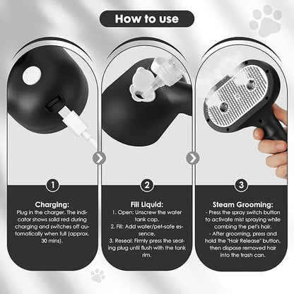 Cat Steam Brush for Grooming and Shedding for Long and Short Hair Pets Deshedding and Hair Removal tool for Dogs & Cats Self Cleaning 4 in 1 Massaging Pet Spray Spritz Defur Comb