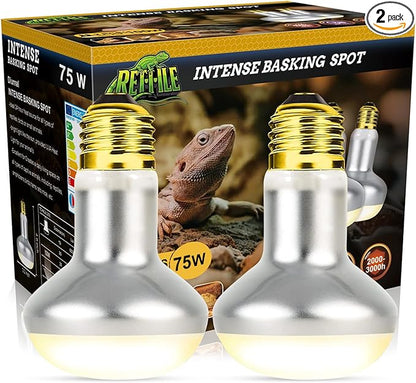 Reptile Heat Lamp 75W, 2 Pack Intense UVA Basking Light Bulbs, Flat-Base Heat Emitter, Heat Lamp Bulb for Reptile Chickens Pet Brooder