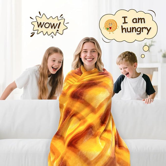 mermaker Waffles Blanket 71 inches for Adult Kids, Realistic Waffles Throw Blanket Funny Gifts for Women Men Teen Boy Girl, 285 GSM Soft Flannel Food Wrap Blanket for Christmas Birthday Gifts-Orange