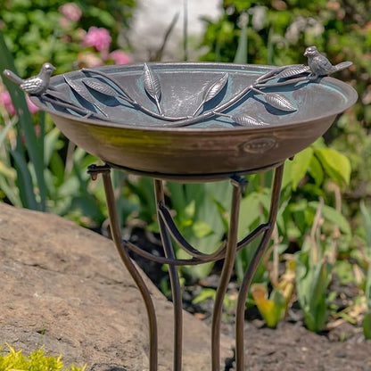 Zaer Ltd. Deep Well Made Metal Birdbath with 2 Cast Iron Birds and Leaf Decoration (Bronze)