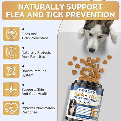 Flea and Tick Prevention for Dogs, 200 Soft Chews for Dog Fleas Ticks Treatment, Natural Dogs Oral Flea Chewables Support Supplement, Flea and Tick Chews for All Breeds & Sizes