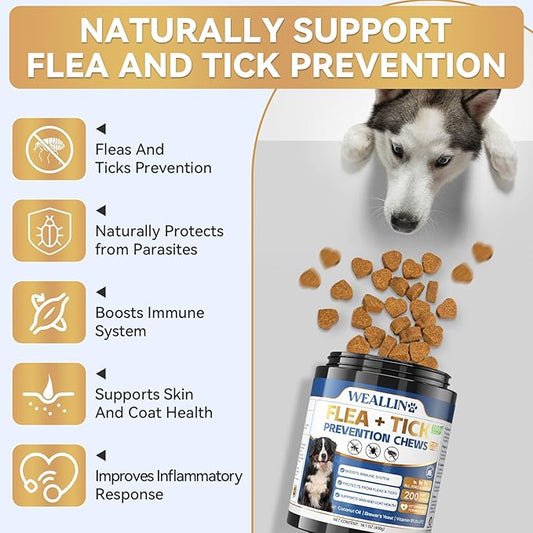Flea and Tick Prevention for Dogs, 200 Soft Chews for Dog Fleas Ticks Treatment, Natural Dogs Oral Flea Chewables Support Supplement, Flea and Tick Chews for All Breeds & Sizes