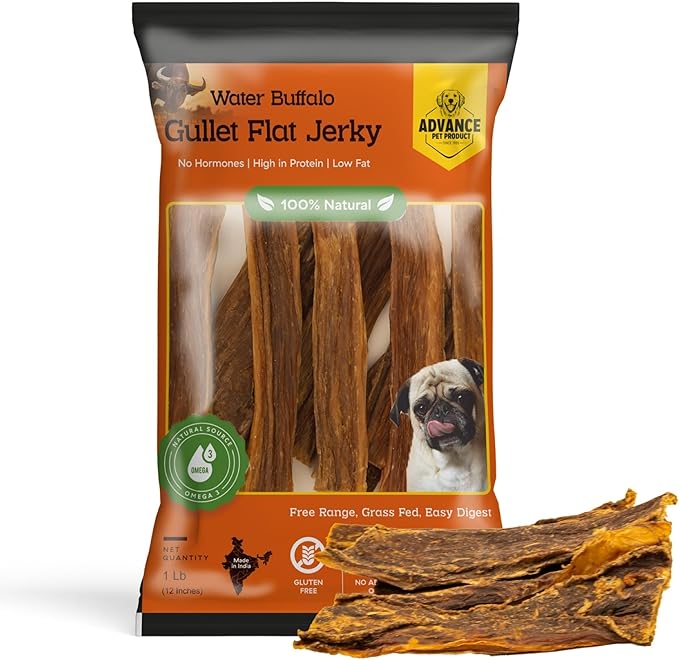 Gullet Flat Jerky (12" Long, 15 Count/Pack) Buffalo Dog Treats for Large, Medium & Small Breed, Healthy Training Treats for Dogs, Gluten Free & Odor Free, Easily Digestible - 1lb