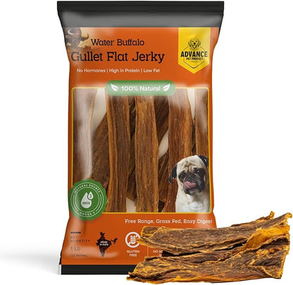 Gullet Flat Jerky (12" Long, 15 Count/Pack) Buffalo Dog Treats for Large, Medium & Small Breed, Healthy Training Treats for Dogs, Gluten Free & Odor Free, Easily Digestible - 1lb