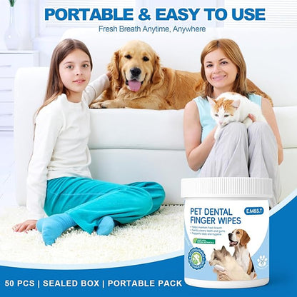 Dog Dental Finger Wipes, Teeth Cleaning Wipes for Dogs & Cats, Remove Plaque Tartar Stains, Freshen Breath, No-Rinse Toothbrush Alternative, Cat Dental Care Formula, Toothbrush-Like Texture, 50 Count