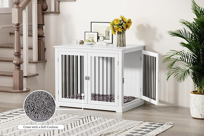 Dog Crate Furniture with Cushion, Dog Crate End Table Large, Indoor Dog Kennel, Dog House, Dog Cages for Large Dogs, Furniture Style Dog Crate with Flip-top, Chew-Proof Metal Bars, White