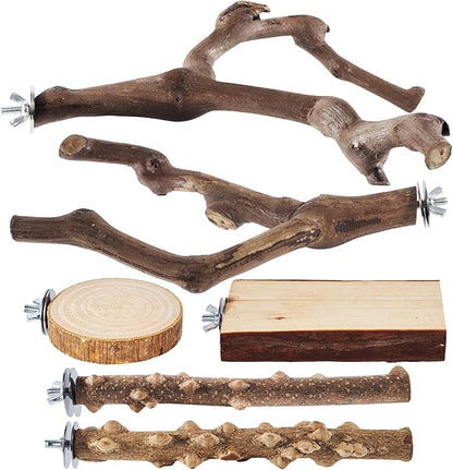 6-Piece Bird Perch Set - Natural Wood Grape Sticks, Paw Grinding Forks, Bird Stand & Toys for Parakeets, Cockatiels, Conure, Budgies