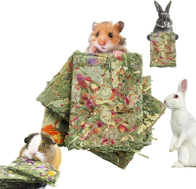 Bunny Toys 10 Pieces Chew Toys Teether Totoro Dutch Pig Guinea Pig with Flower Timothy Grass Snack (Medium)