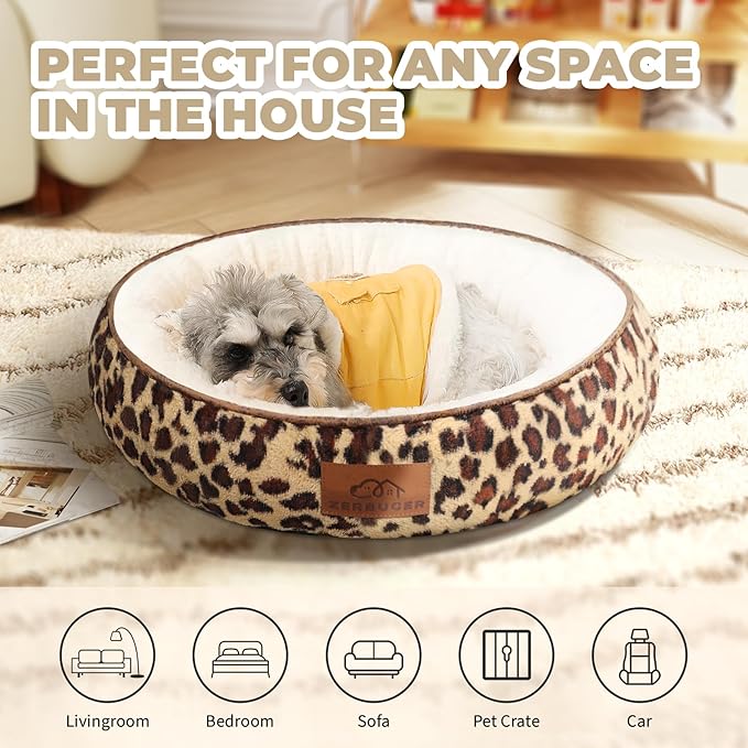Cat Bed, 23In Dog Beds for Small Dogs, Calming Cat & Dog Beds for Indoor Pets, Pet Beds Comfortable Donut Round Ultra Soft (Leopard, Medium 23in)